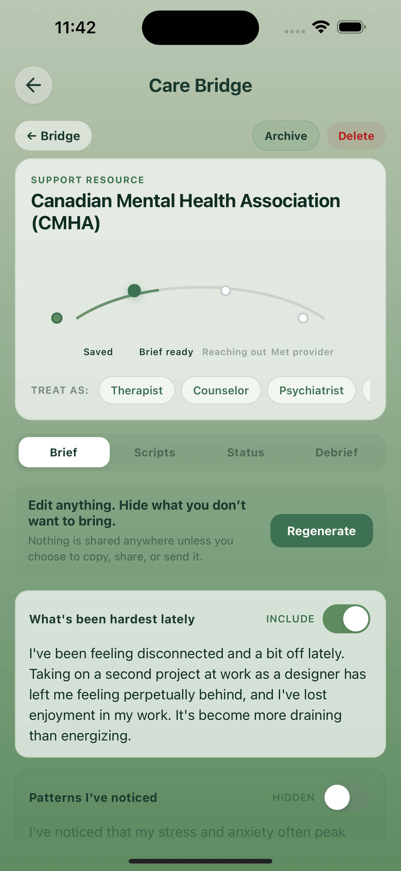 Olive Care Bridge — handoff brief with bridge progress arc