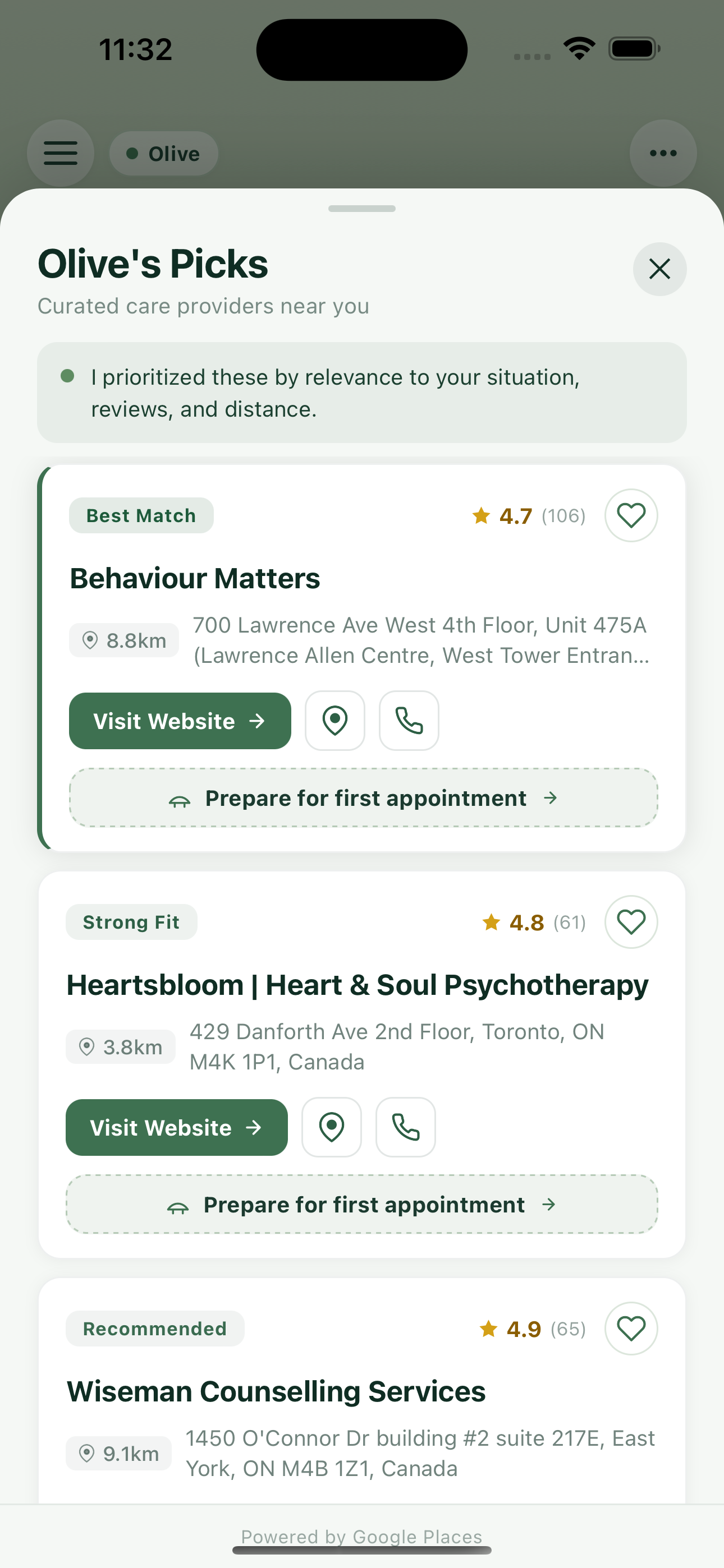 Olive Find Care — clinical provider discovery with match ratings
