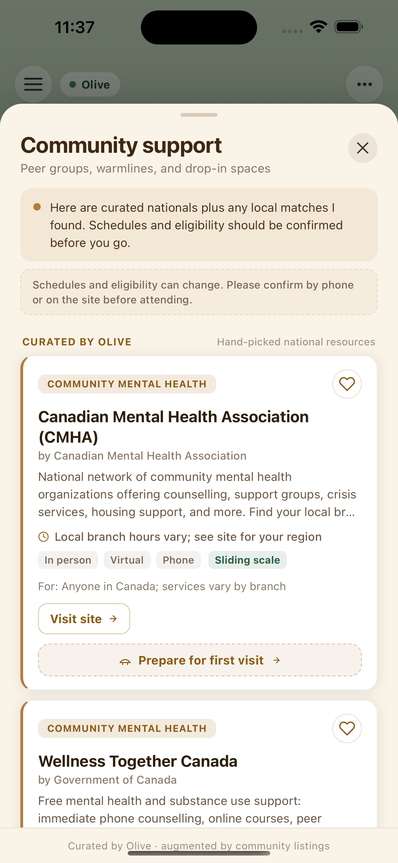 Olive Find Support — curated Canadian community and peer resources
