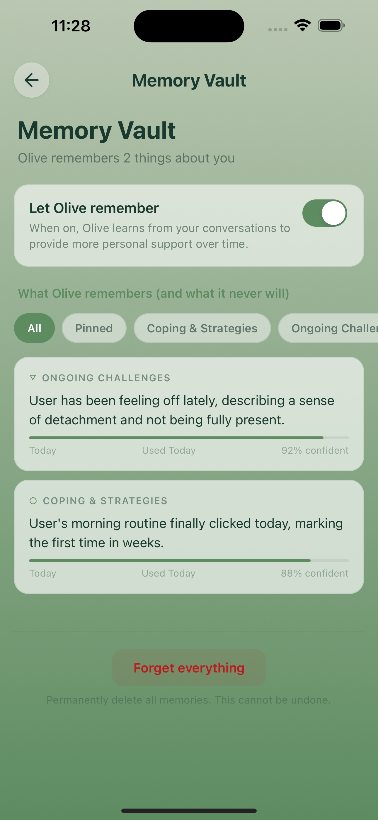 Olive Memory Vault — categorized memories with user controls